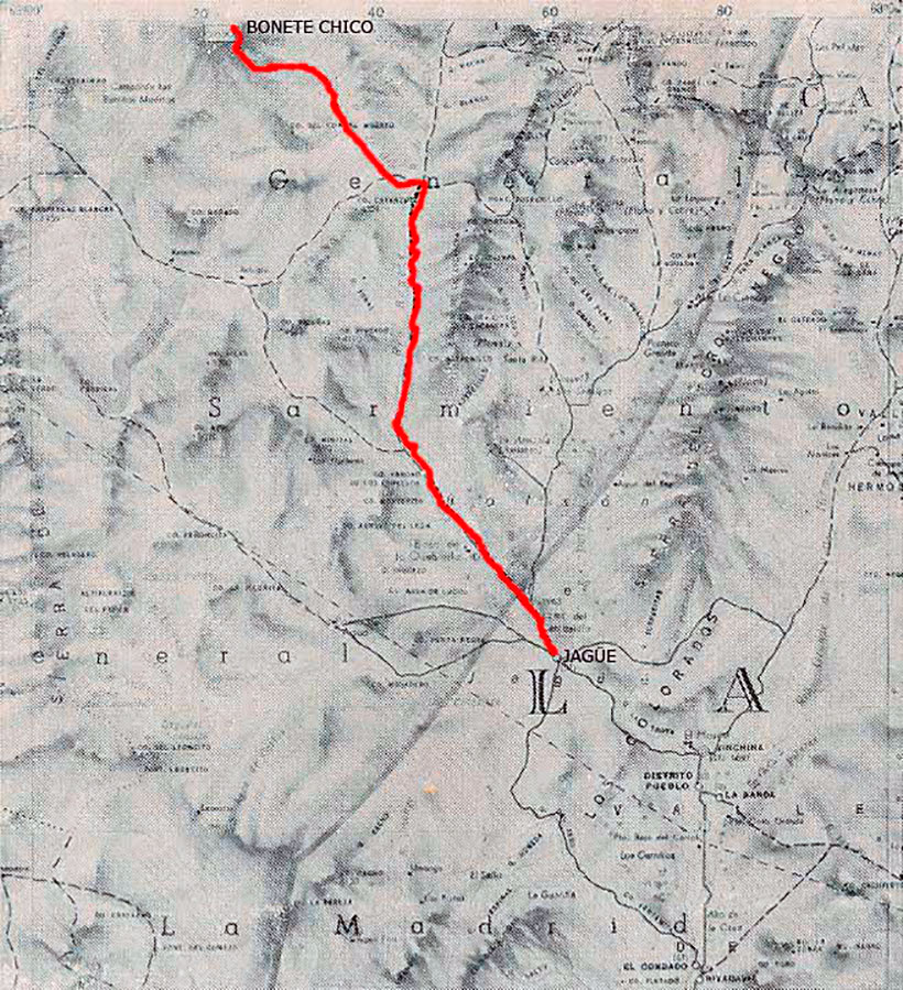 La linea roja marca el trayecto realizado desde Jagüé hasta el cerro Bonete Chico La Rioja.